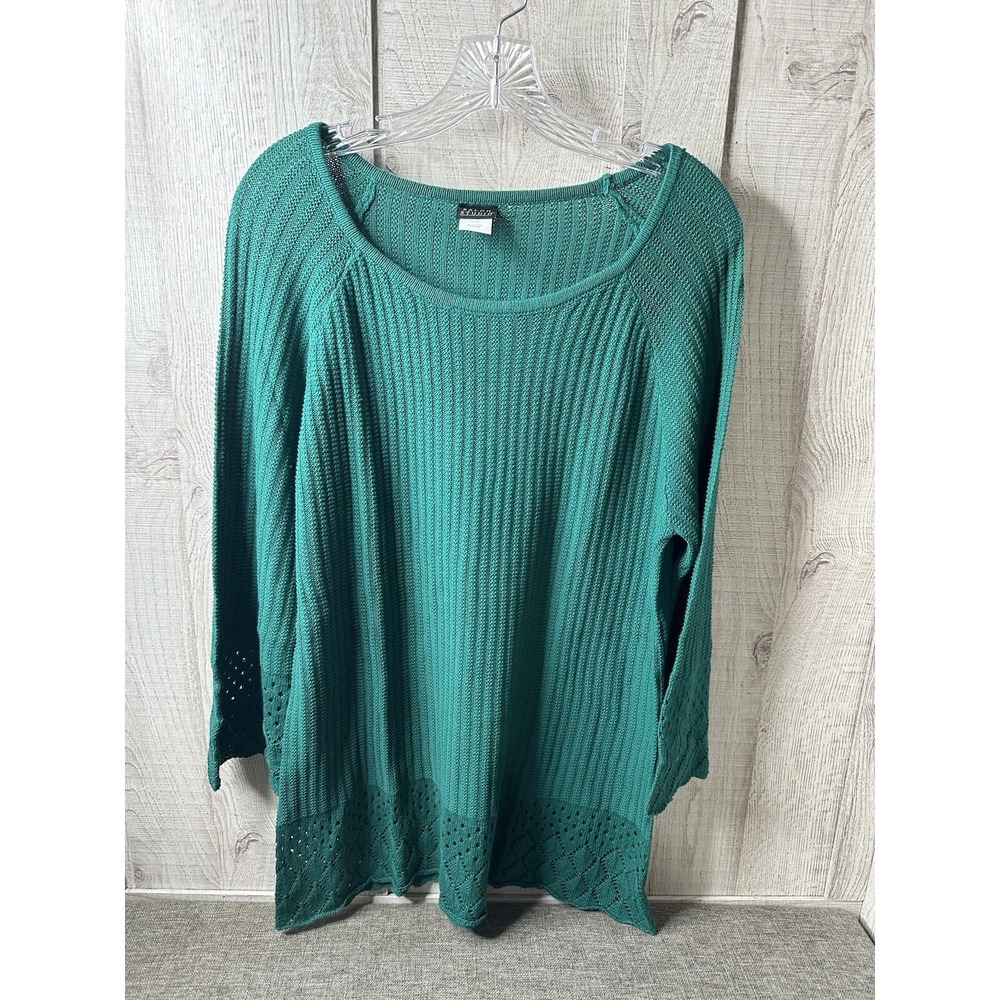Salon Studio Sweater Womens Size Medium Green Long Bell Sleeves Tunic Round Neck
